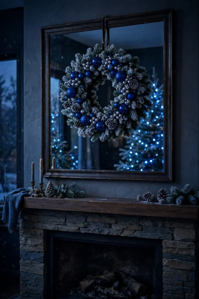blue christmas wreath above mantel mirror