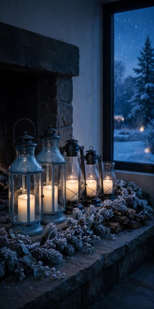 glass hurricane ice lanterns fireplace hearth blue