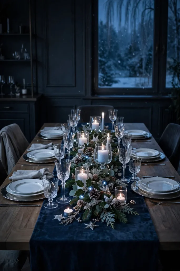 navy blue christmas table runner white plates