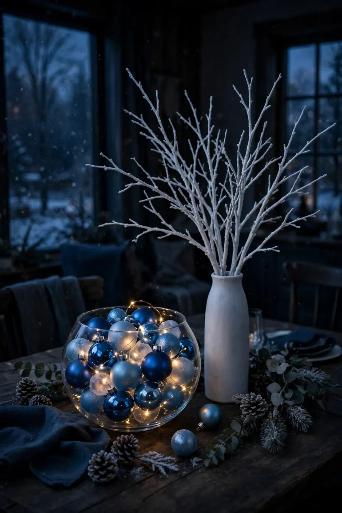 white branch centerpiece blue baubles glass bowl