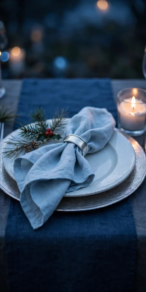 ice blue napkins silver napkin rings christmas table
