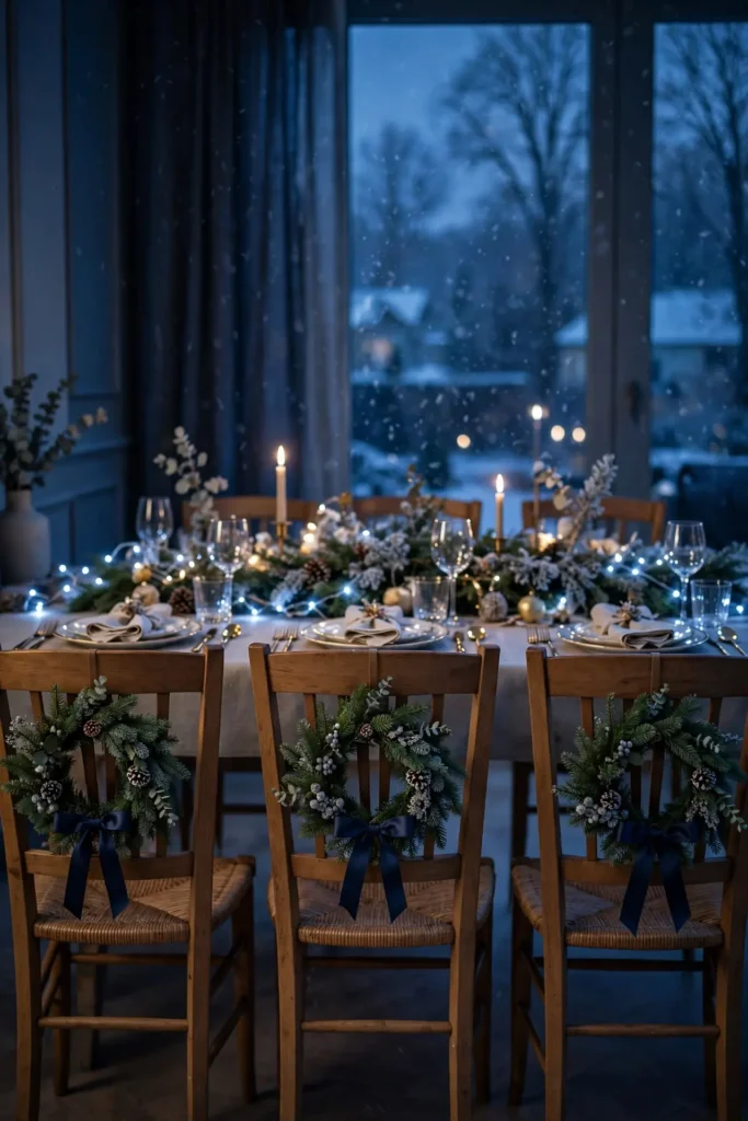 mini wreaths blue ribbon dining chair backs