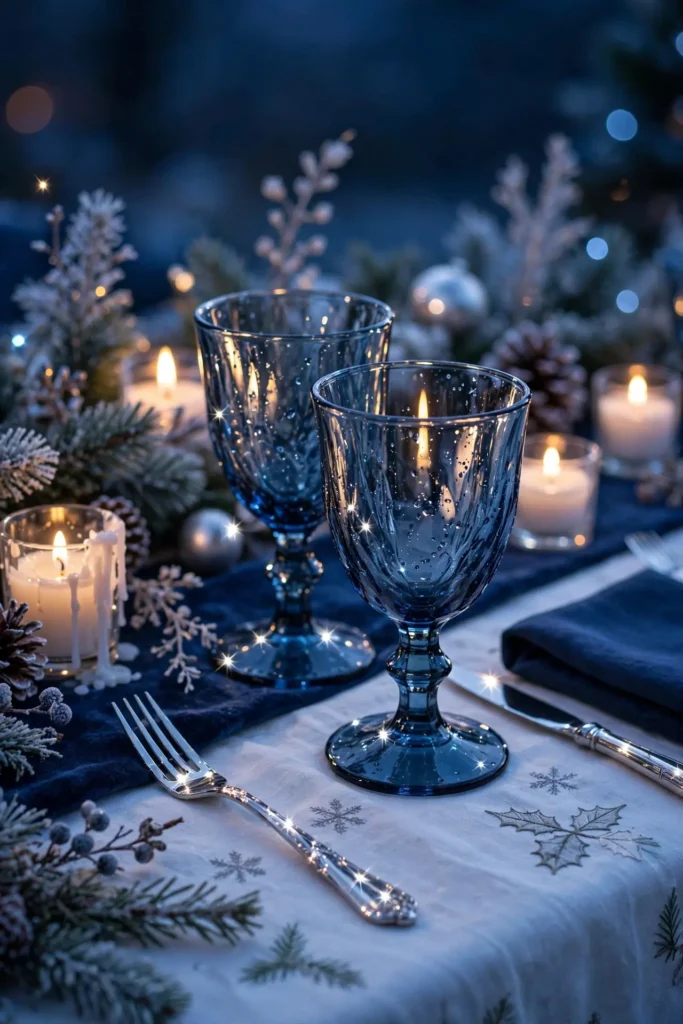 blue glass goblets christmas table setting