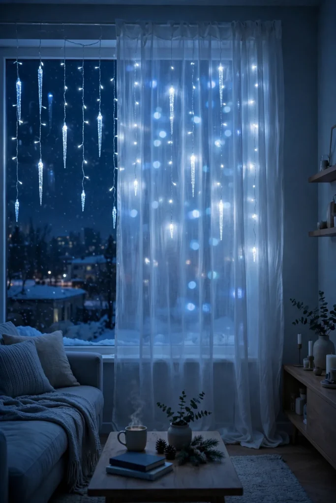 cool white icicle lights window blue snowflakes