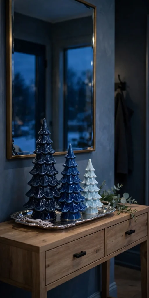 blue ceramic christmas trees entryway console silver tray