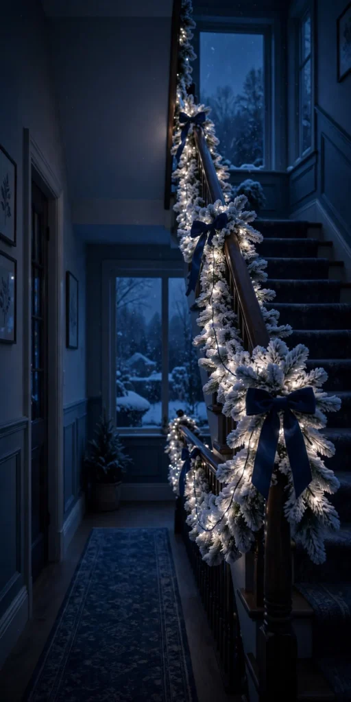 staircase garland blue ribbon cool white lights