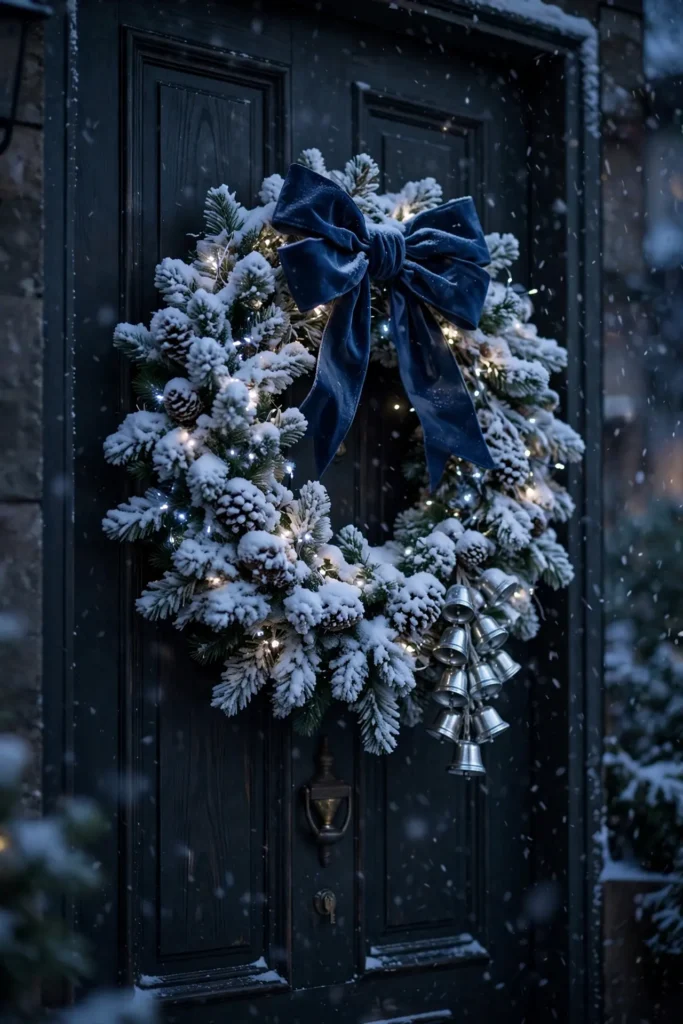 flocked christmas wreath navy bow front door