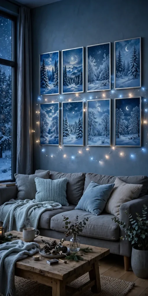 winter art prints silver frames blue living room wall