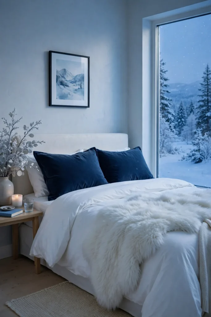 white faux fur throw navy velvet pillows bed