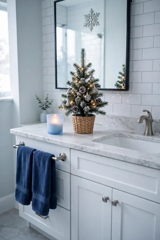 small christmas bathroom decor blue towels mini tree