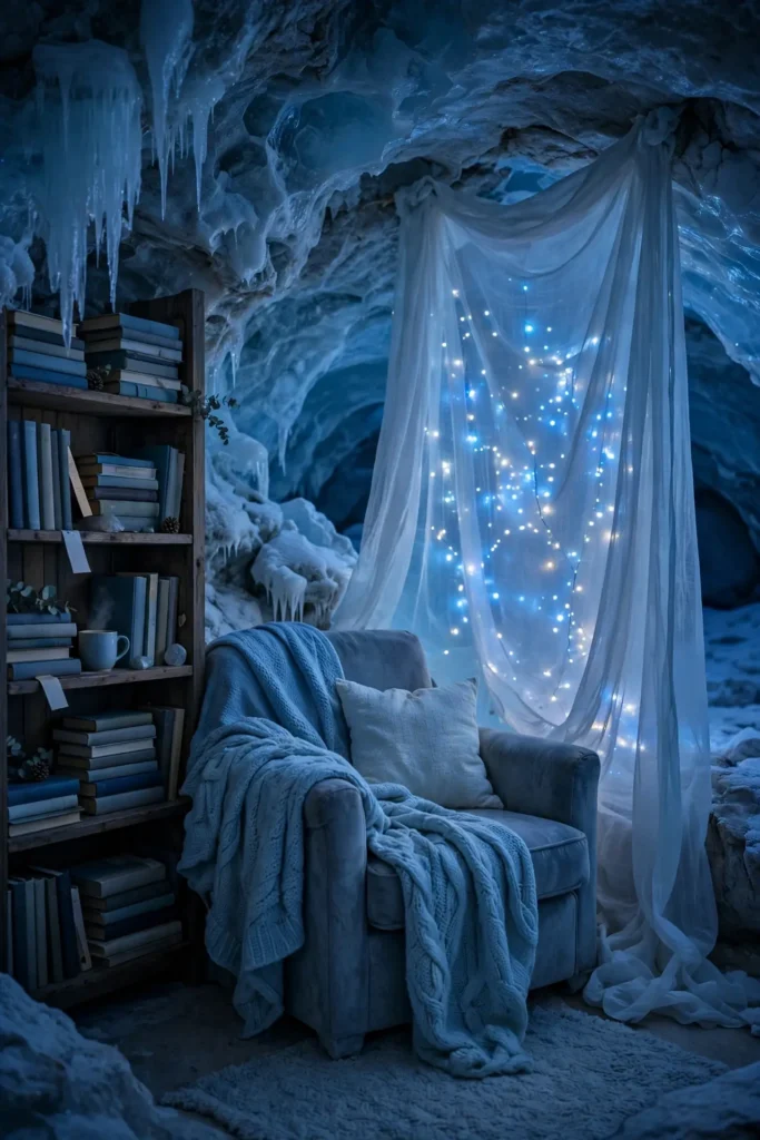 blue fairy lights reading nook christmas chair