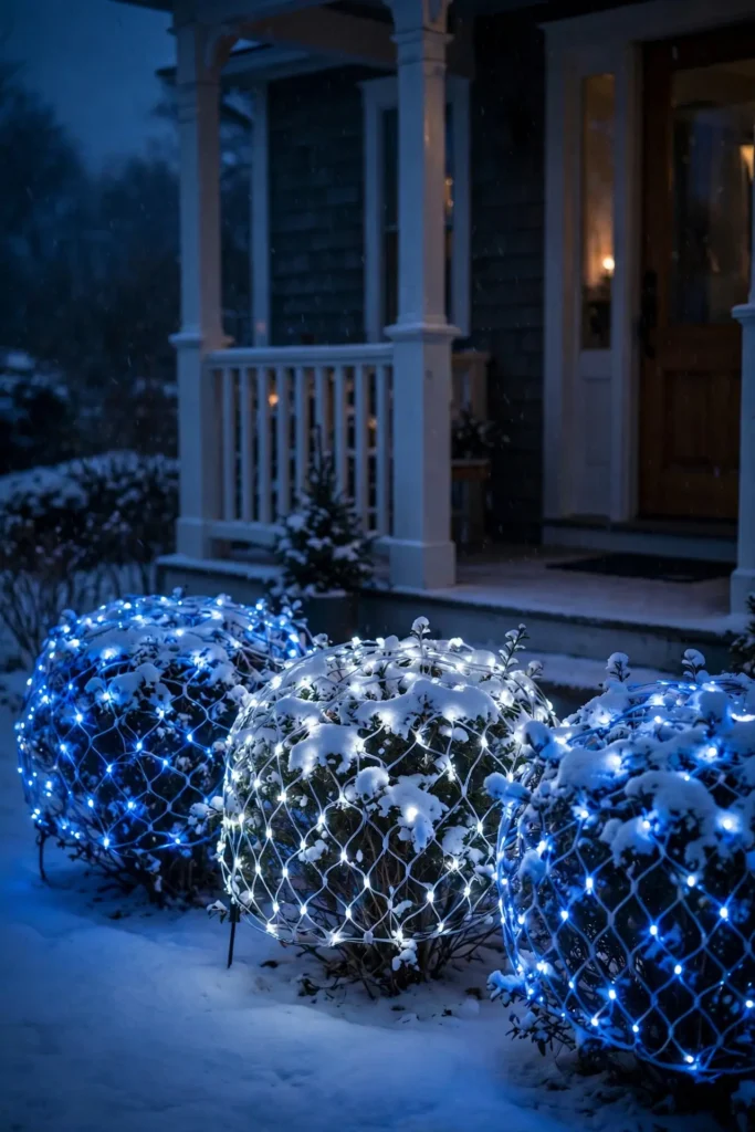 blue and cool white led christmas lights porch shrubs