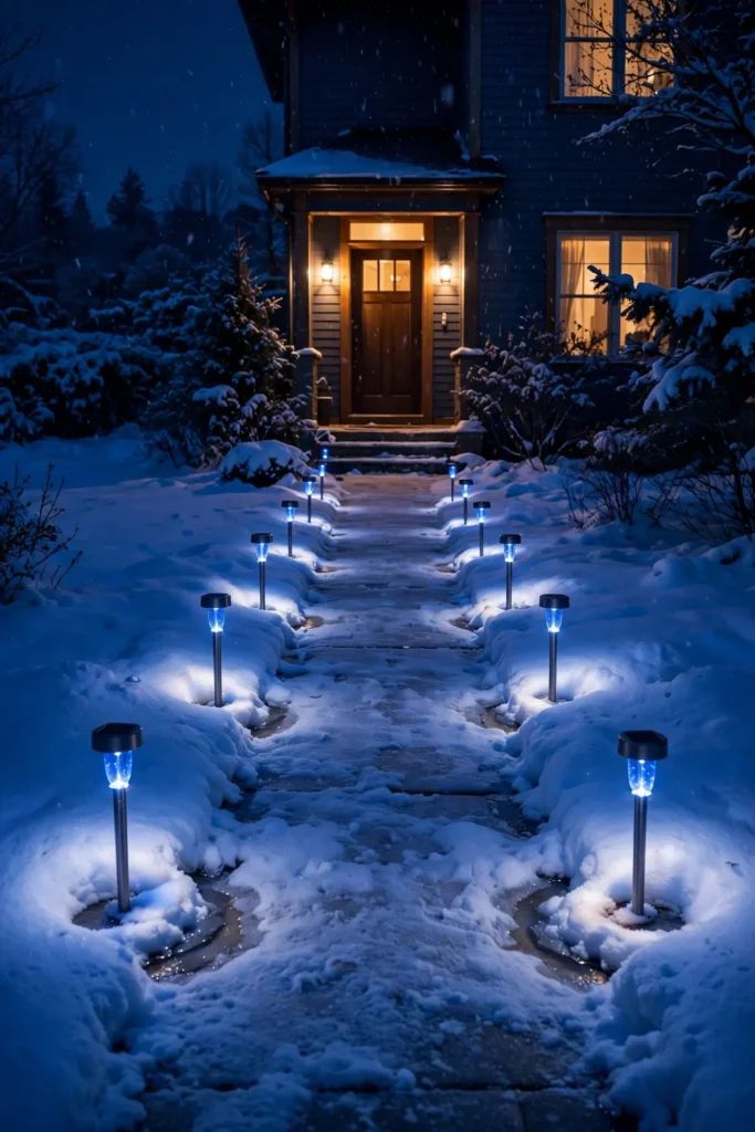 blue pathway lights christmas walkway snow