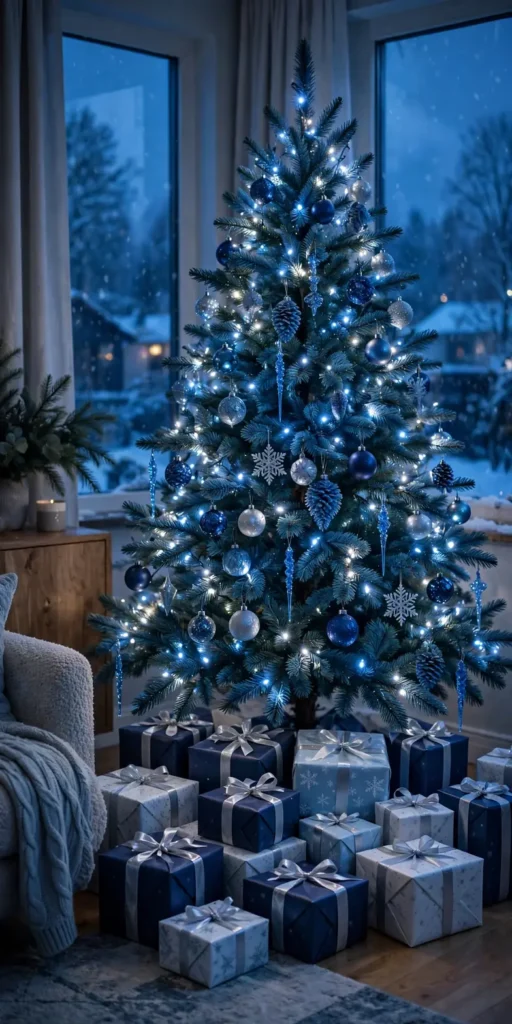 navy and ice blue gift wrapping under christmas tree