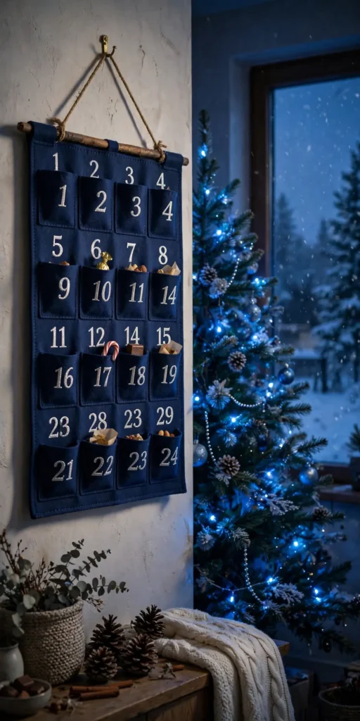 blue and silver advent calendar wall display