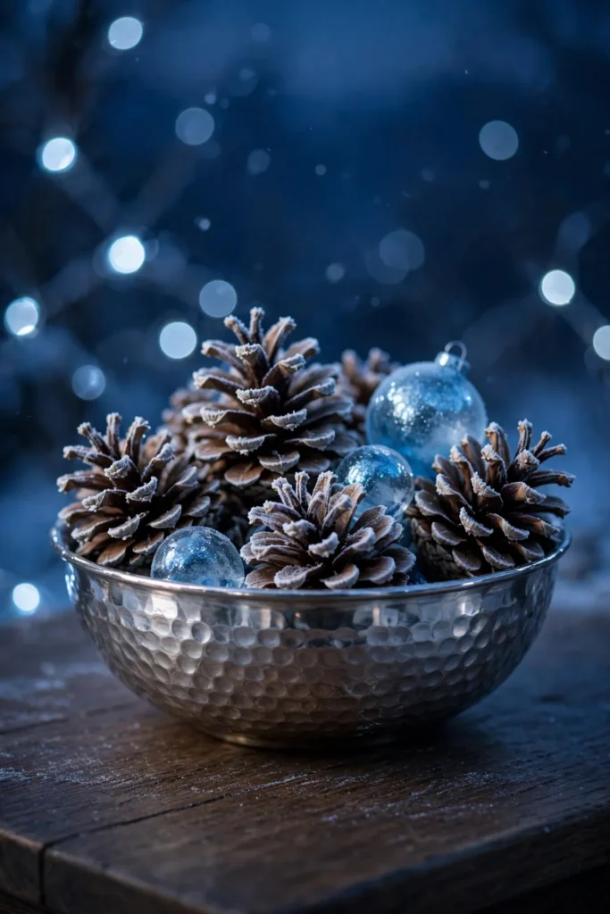 frosted pinecones silver bowl christmas coffee table