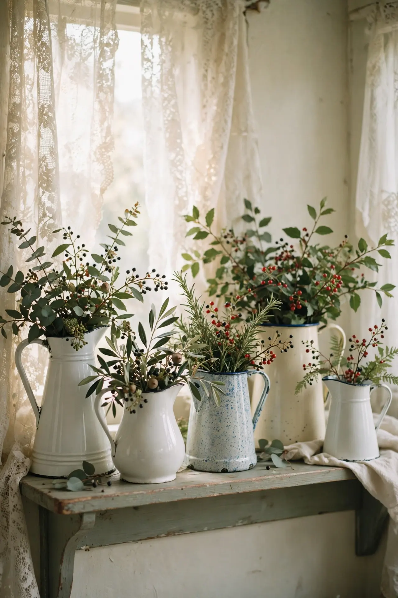 ironstone pitchers greenery kitchen shelves