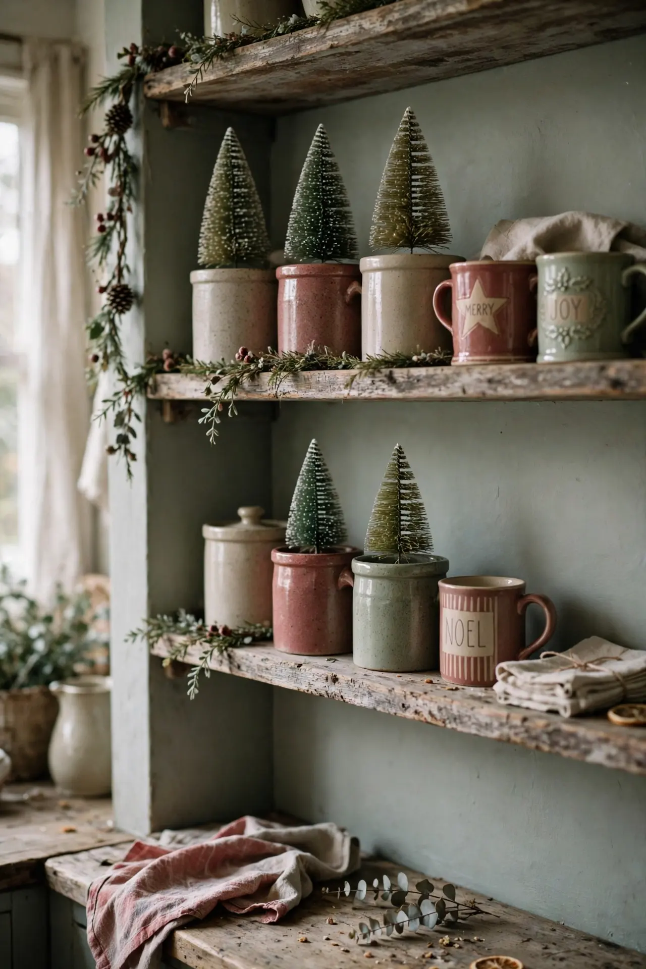 cottage kitchen open shelves christmas crocks