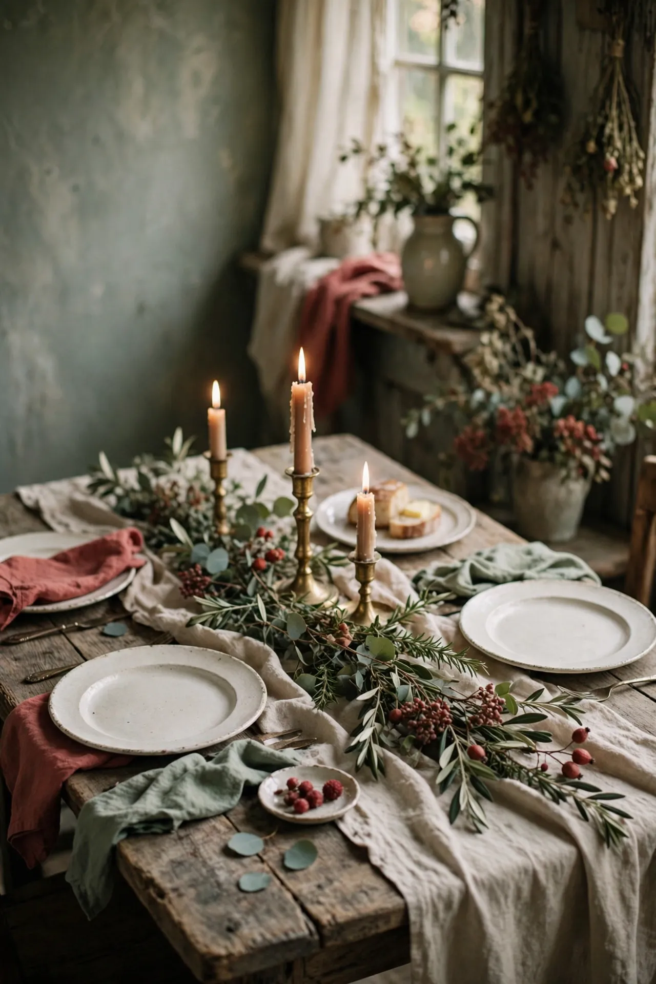 cottage christmas dining table linen candles