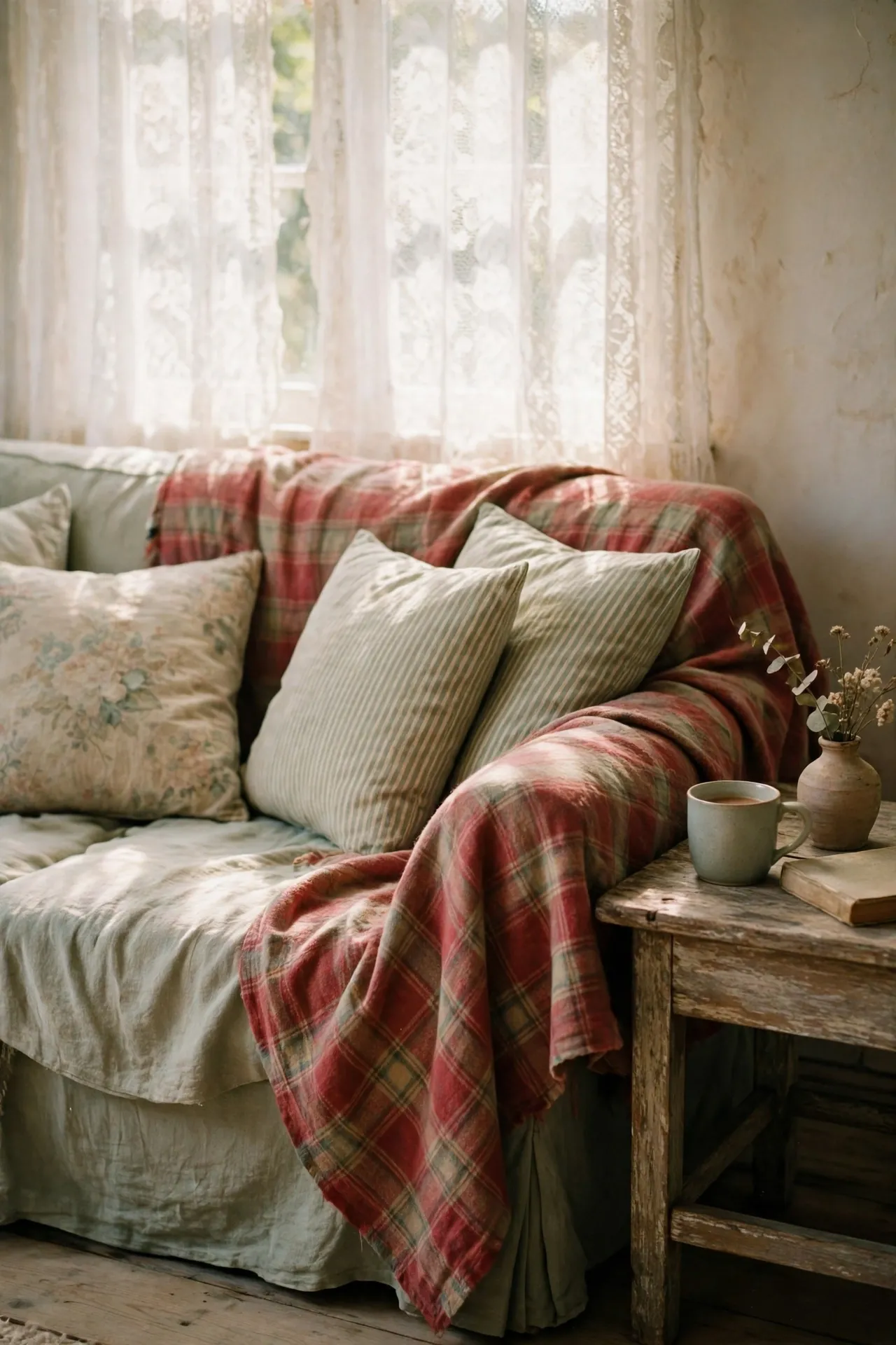 plaid ticking stripe christmas textiles cottage