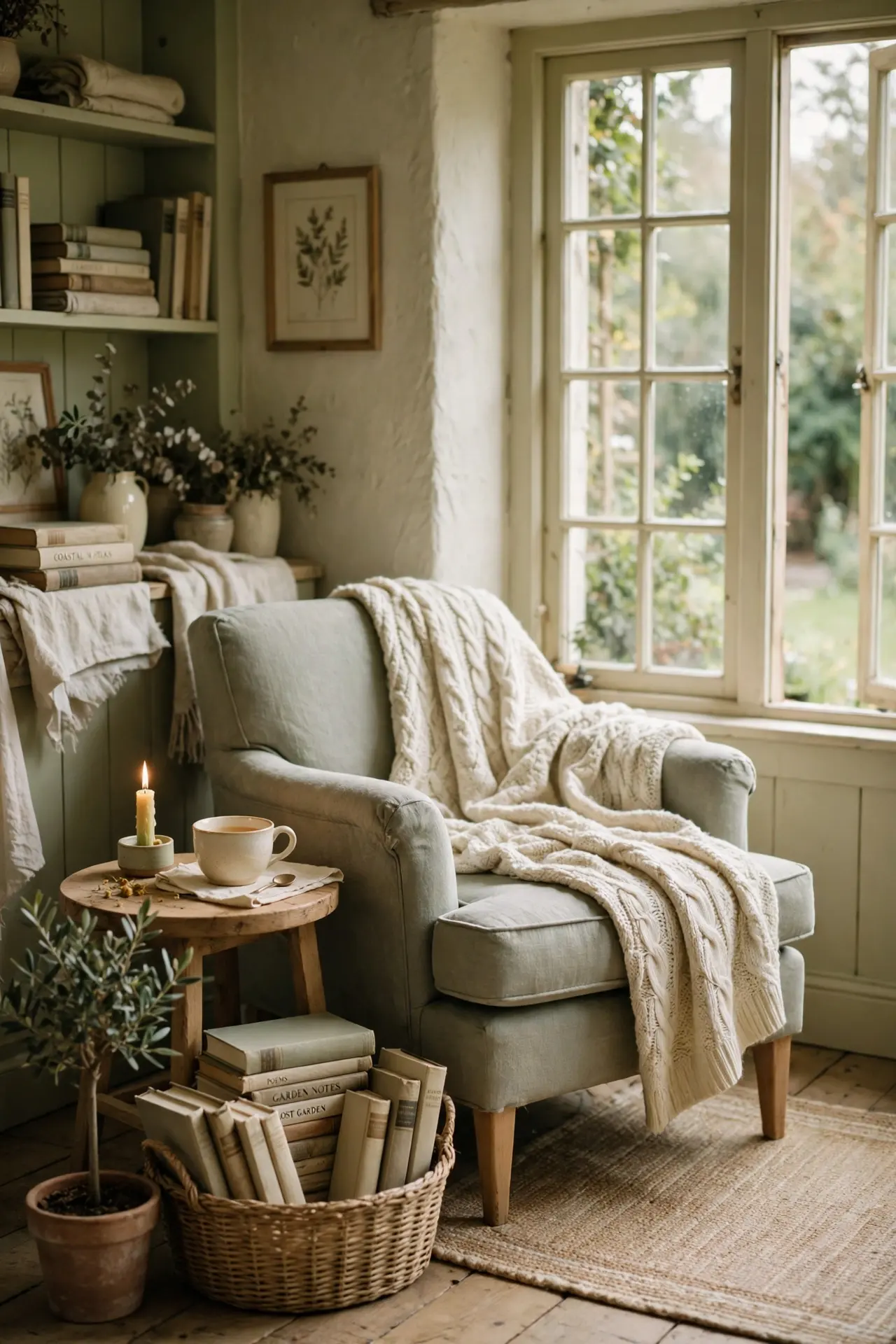 cottage reading corner by window christmas