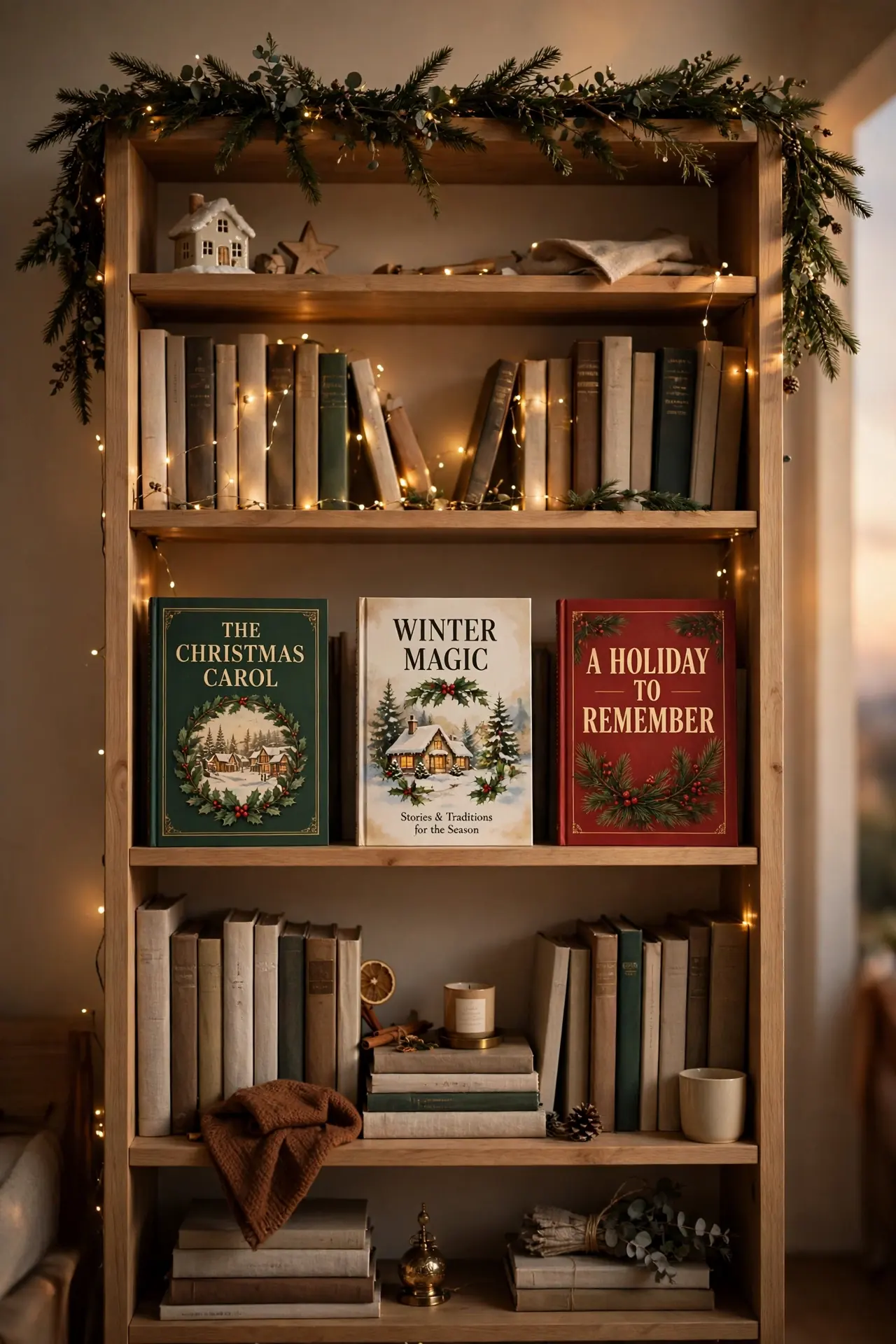 bookshelf christmas styling fairy lights greenery