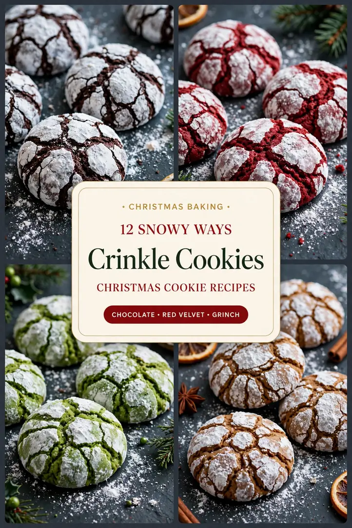 christmas crinkle cookie recipes collage of chocolate red velvet and grinch crinkle cookies