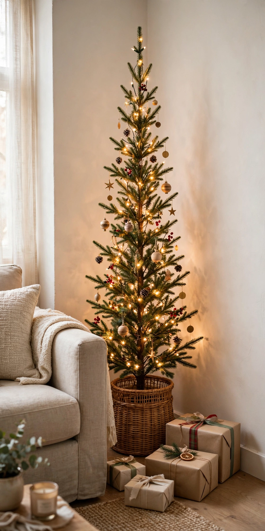 pencil christmas tree in corner small living room