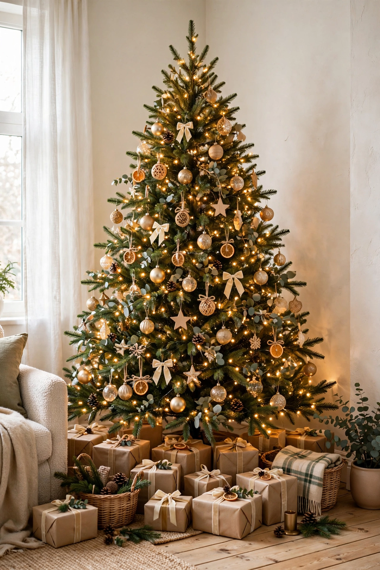 full christmas tree styled in corner front view