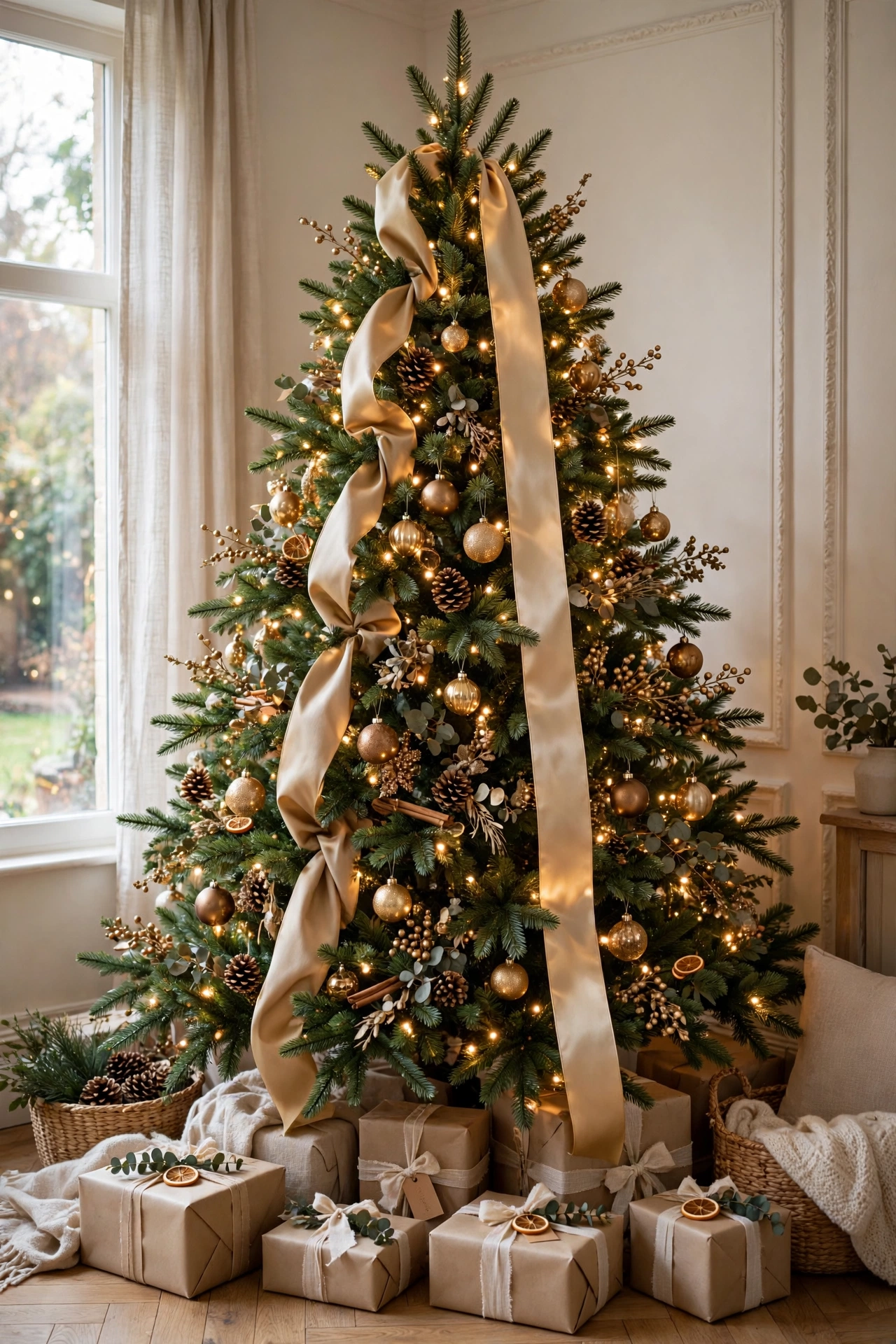 ribbon cascade front of corner christmas tree