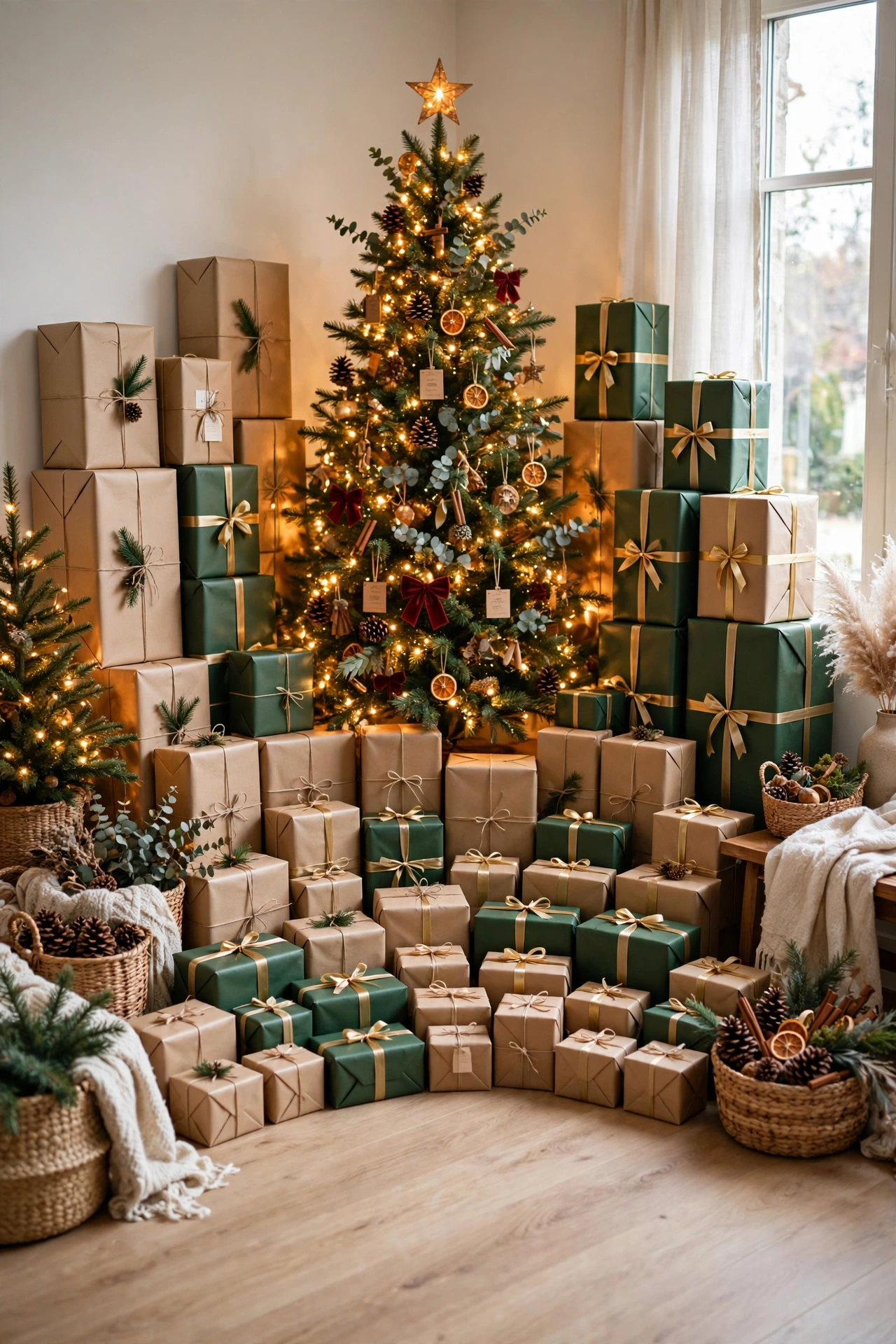 wrapped presents in corner under christmas tree