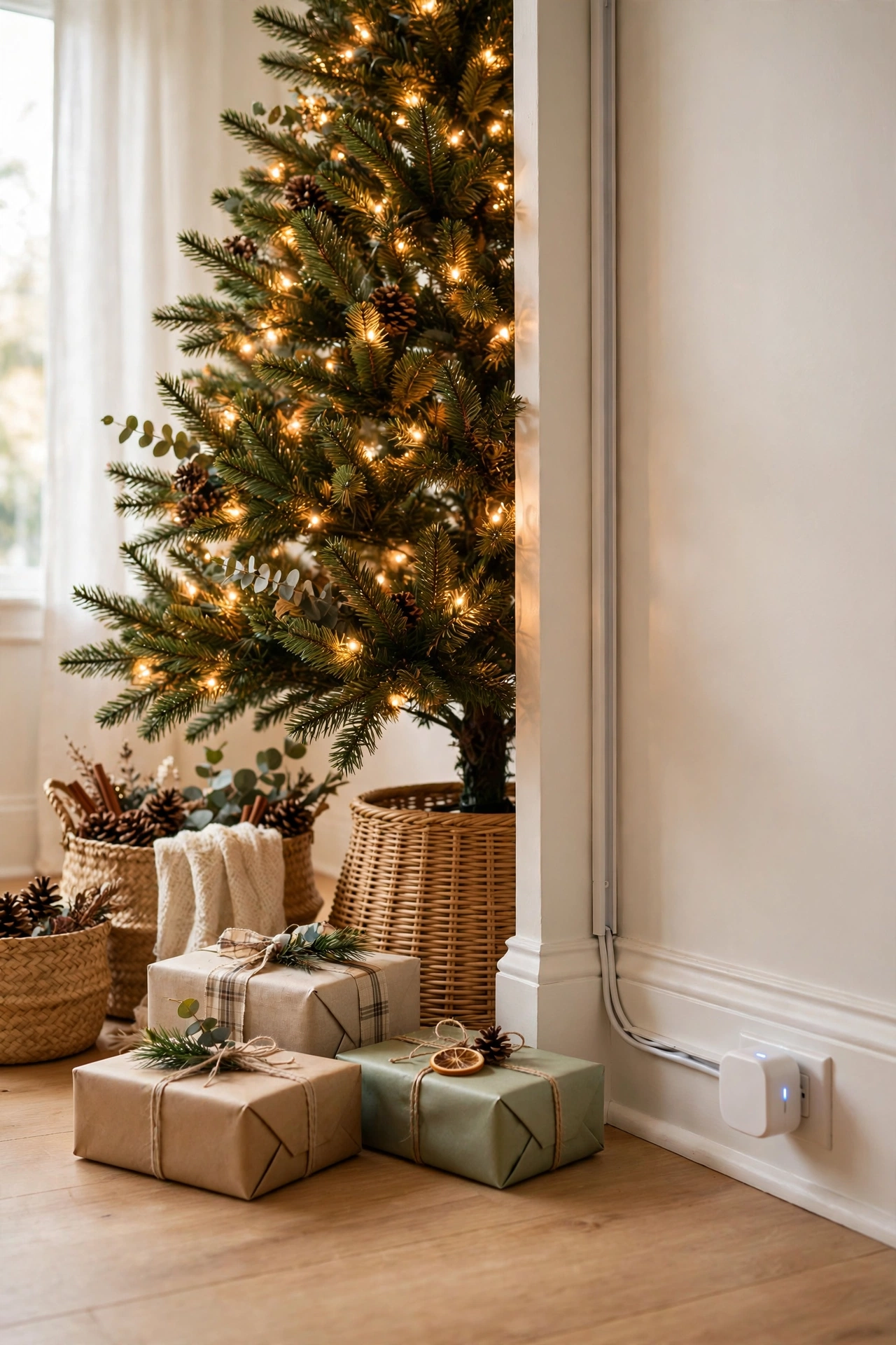 hide christmas tree cords in corner baseboard