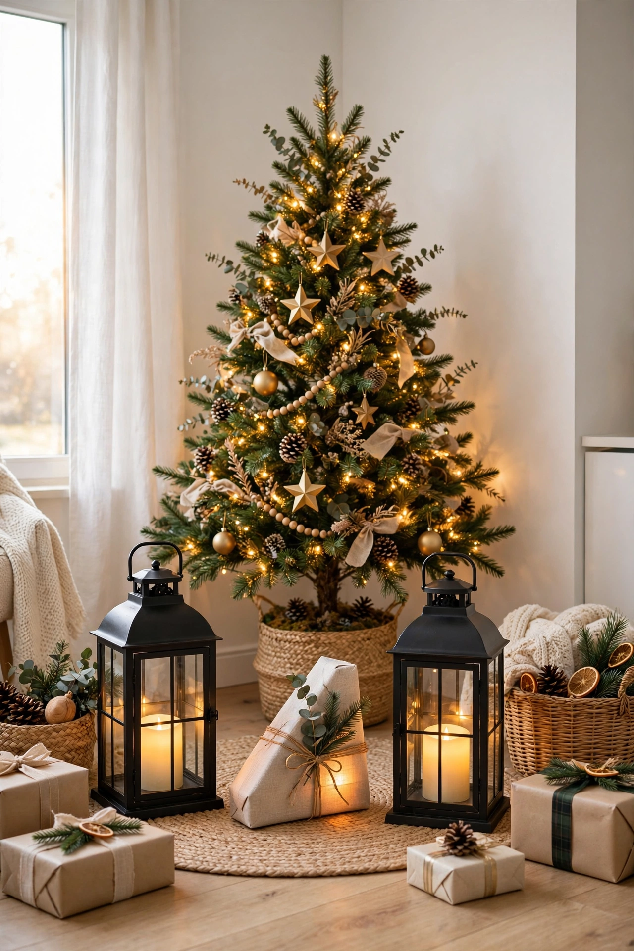 christmas tree corner lanterns candles vignette