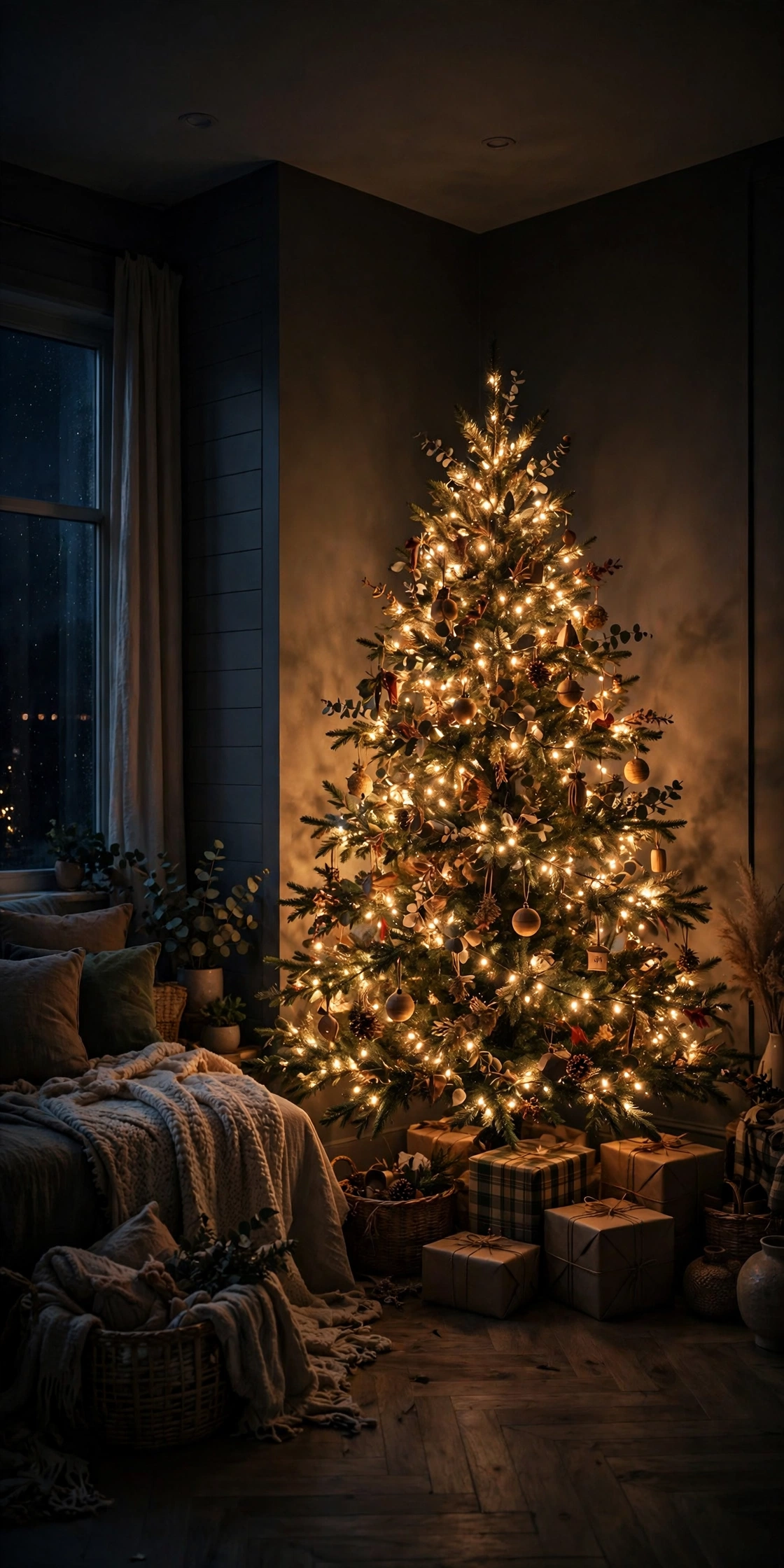 corner christmas tree at night cozy glow