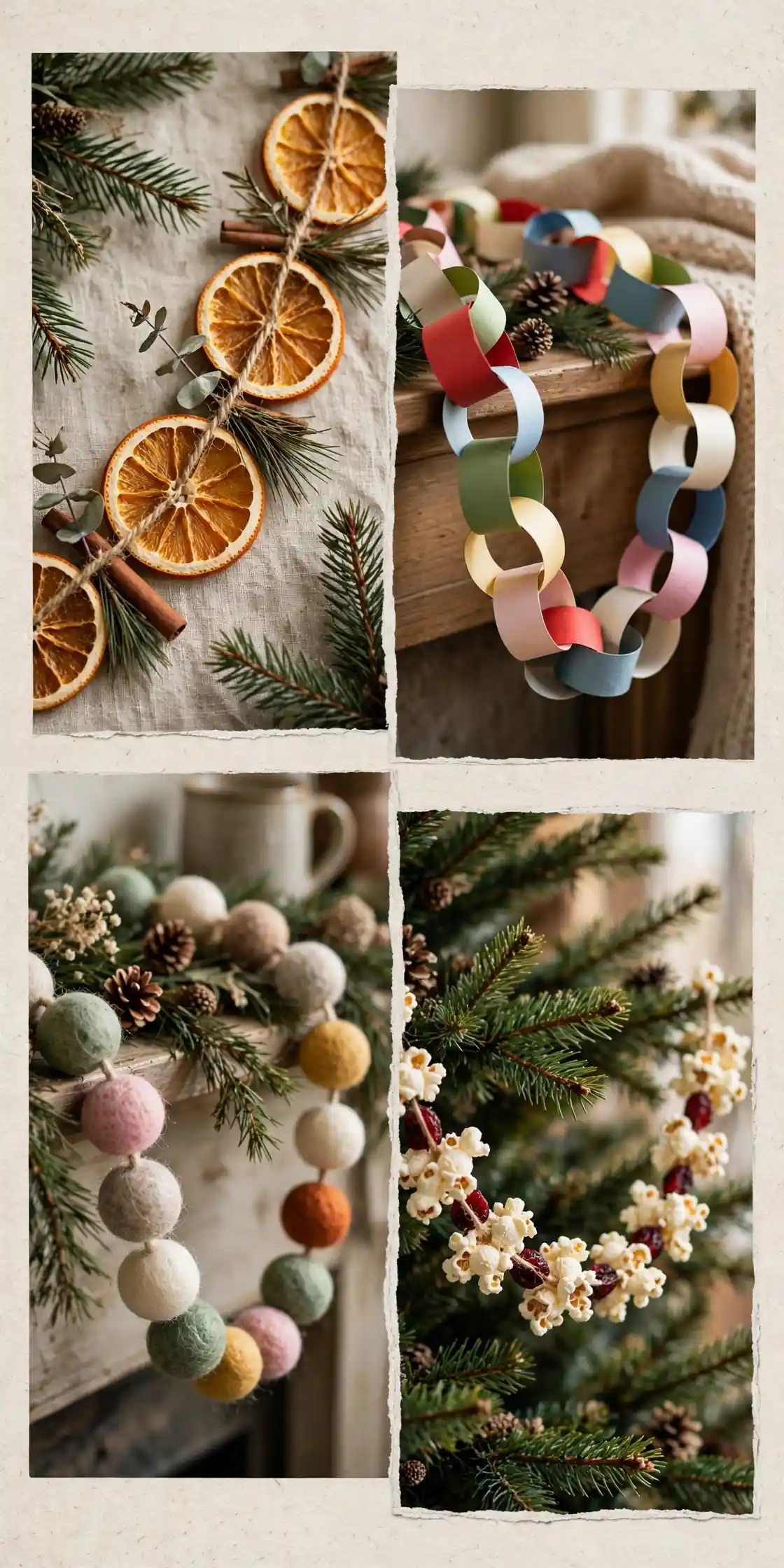 diy christmas garland collage of dried orange garland, paper chain garland, felt ball garland and popcorn garland