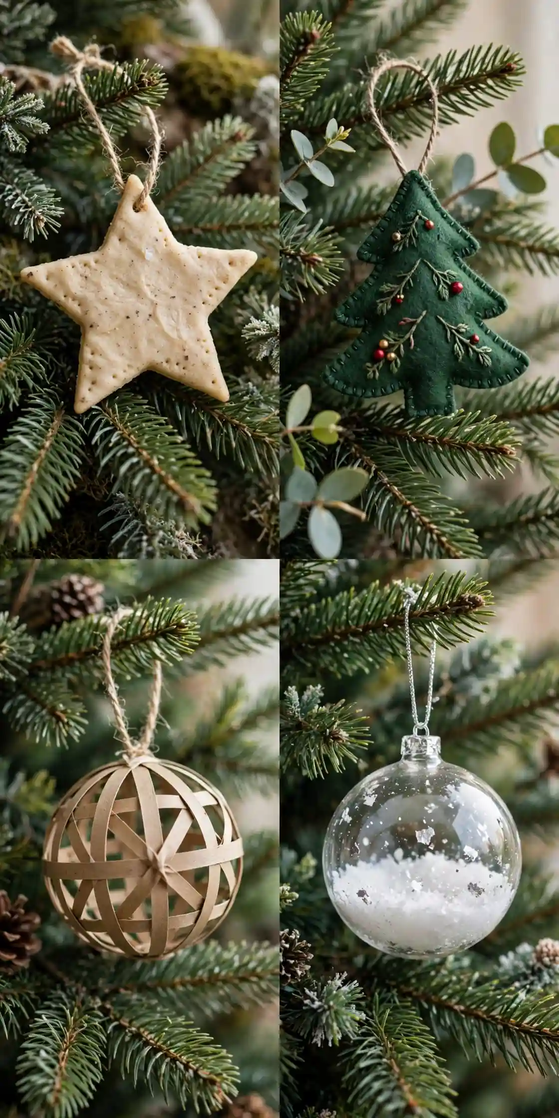 diy christmas ornament collage of salt dough star ornament, felt tree ornament, paper bauble ornament and clear filled bauble ornament