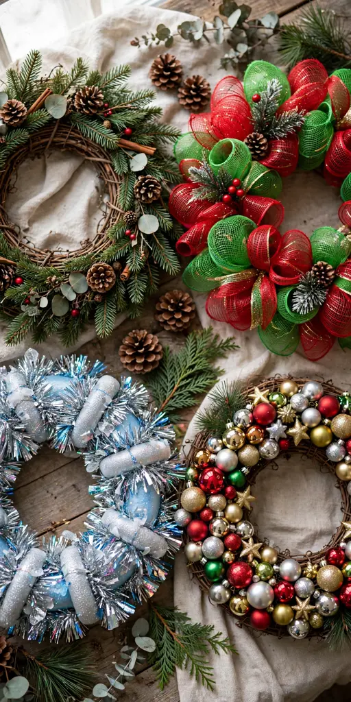 diy christmas wreath collage of grapevine fir wreath, deco mesh wreath, pool noodle tinsel wreath and dollar tree ornament wreath