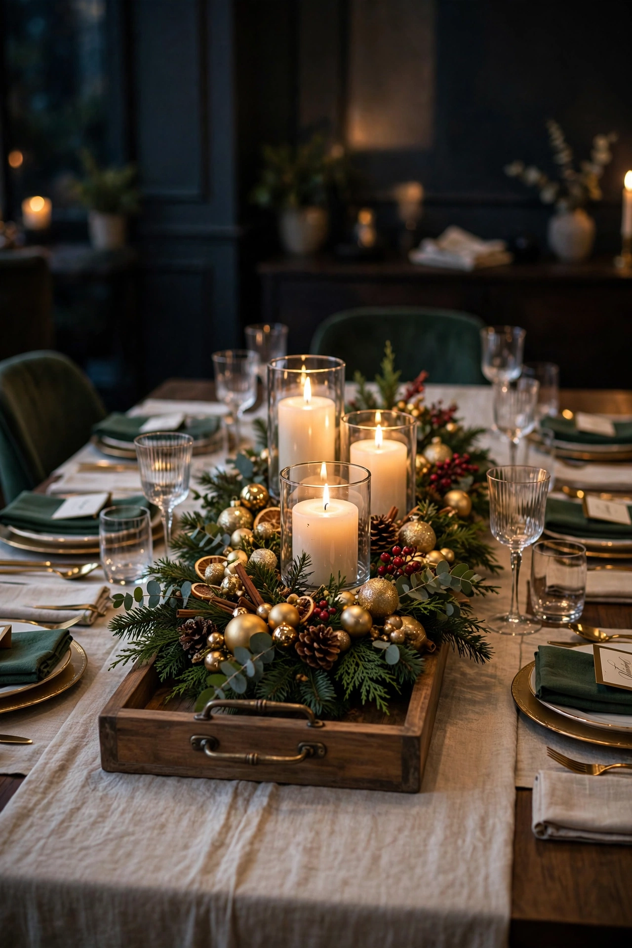 christmas centerpiece on tray dining table