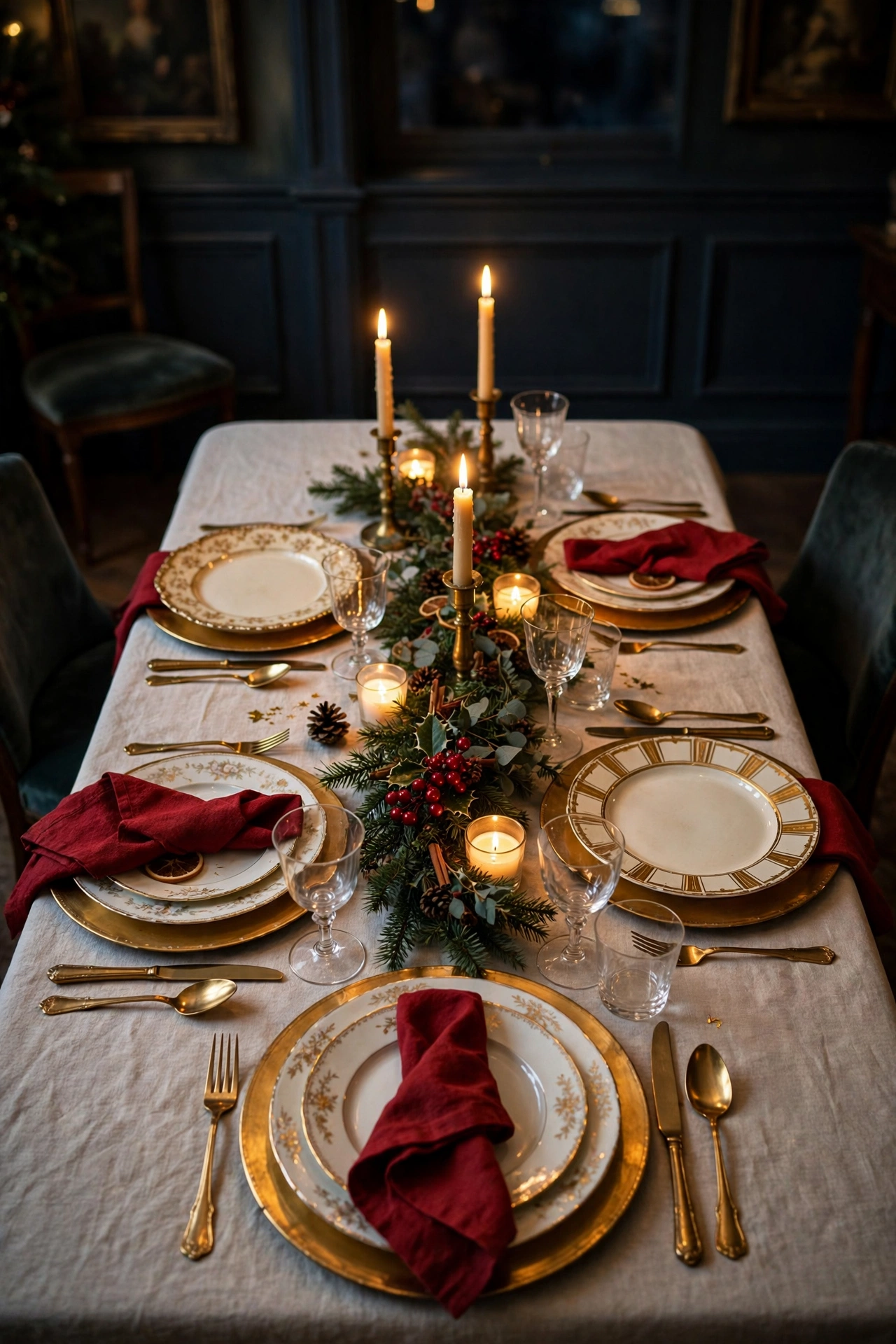 mismatched vintage china christmas table setting