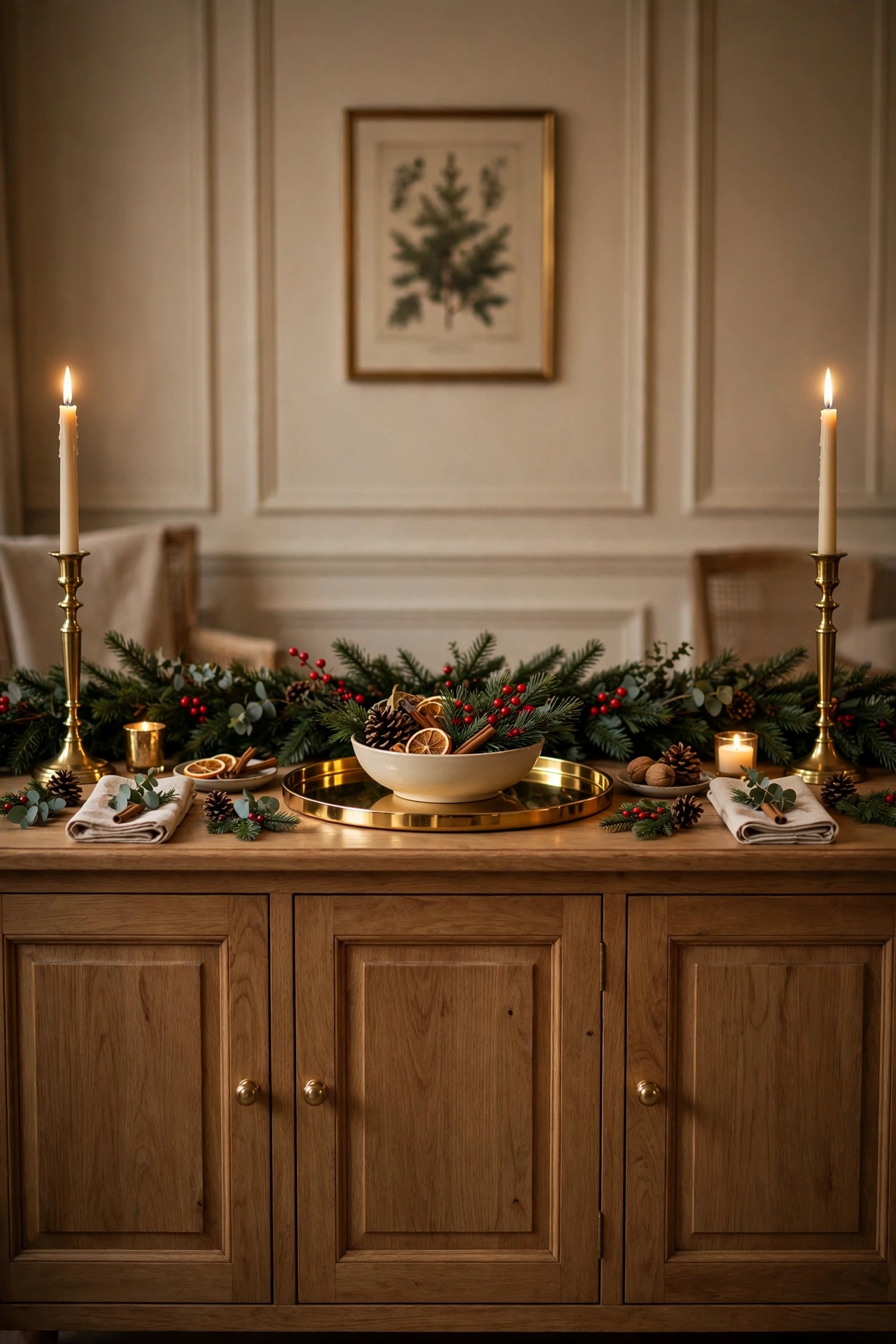 christmas sideboard buffet styling candles symmetry
