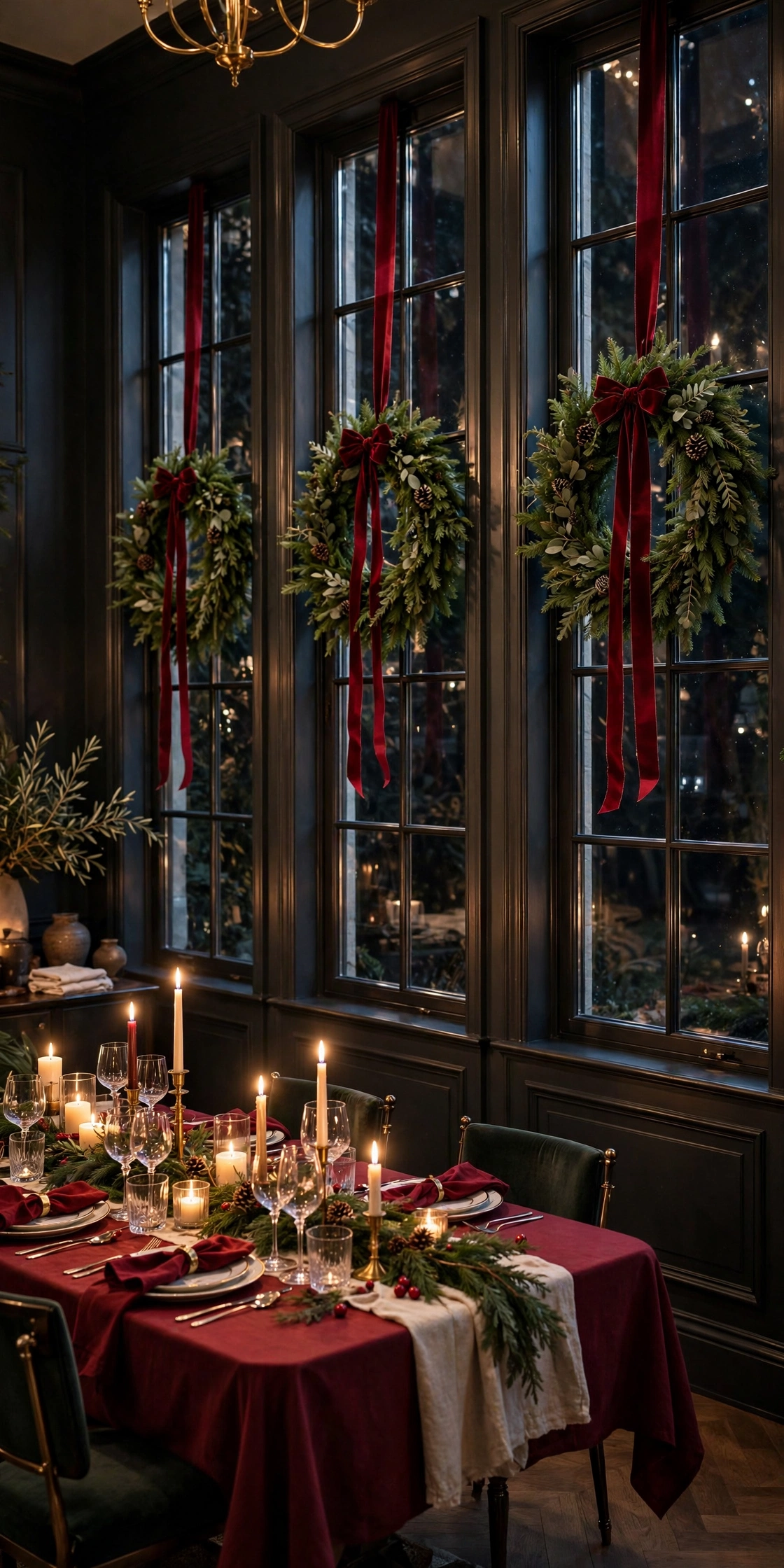 christmas wreaths dining room windows ribbon