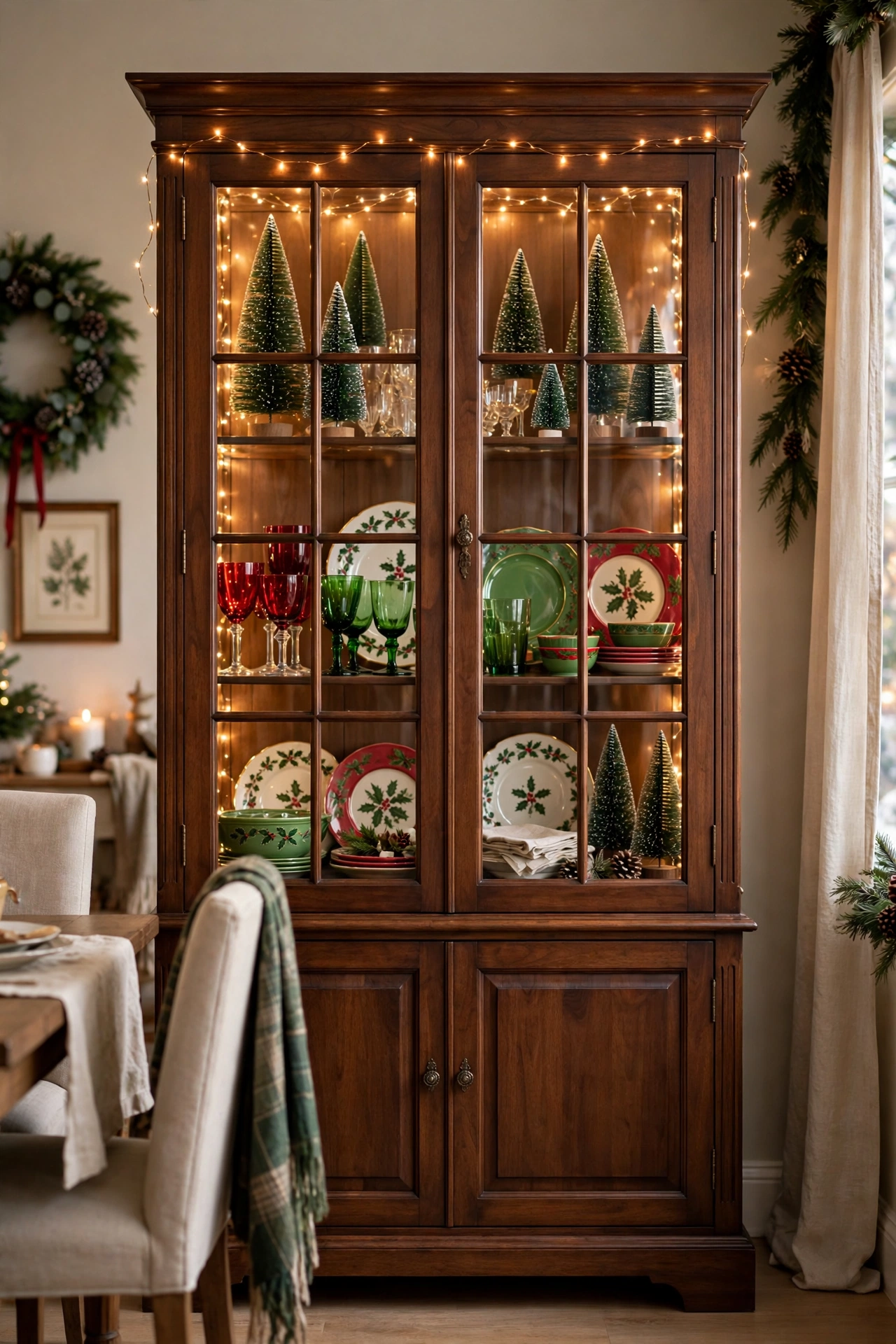 china cabinet christmas dishes display fairy lights
