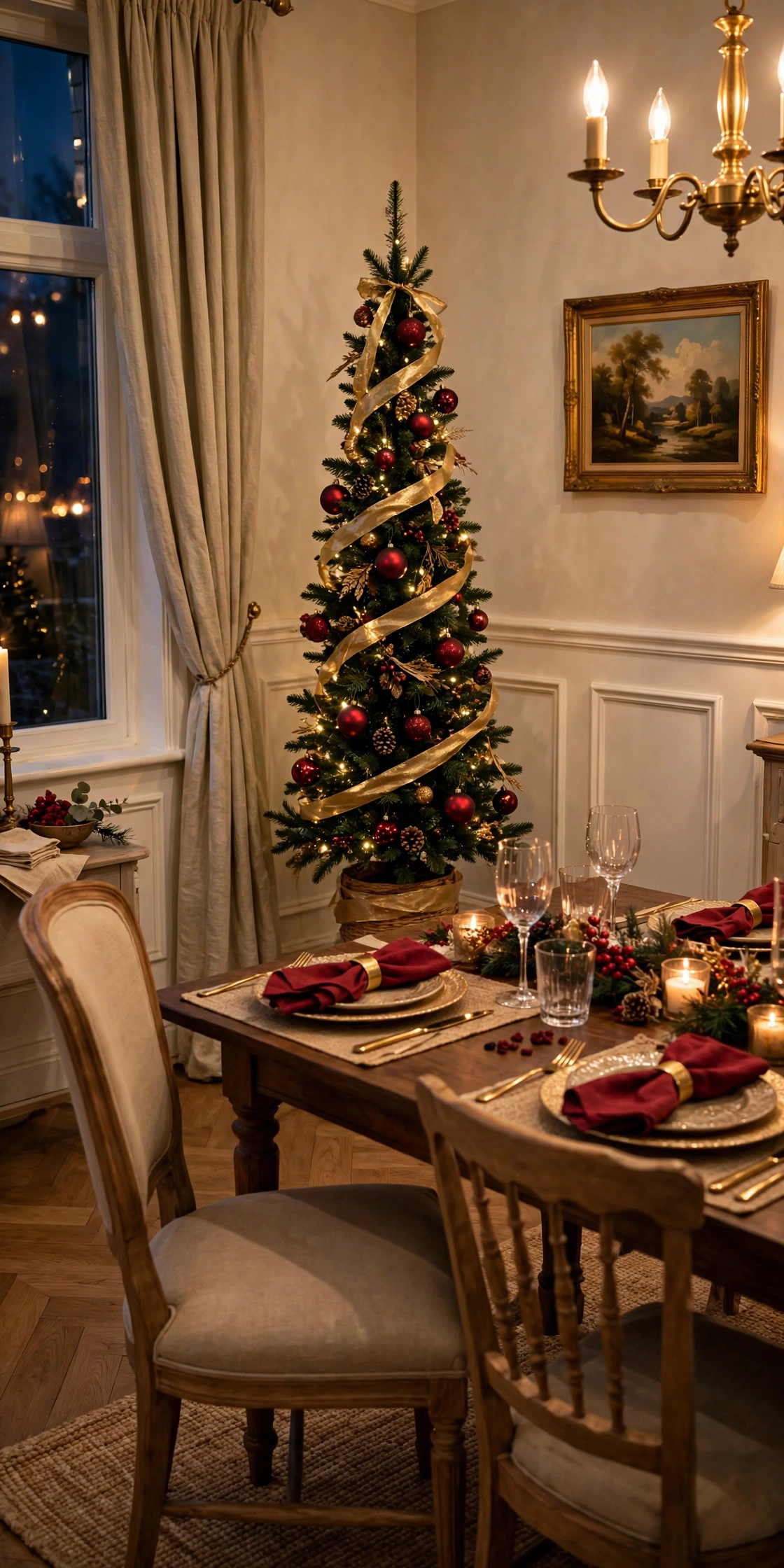 slim christmas tree dining room corner decorated