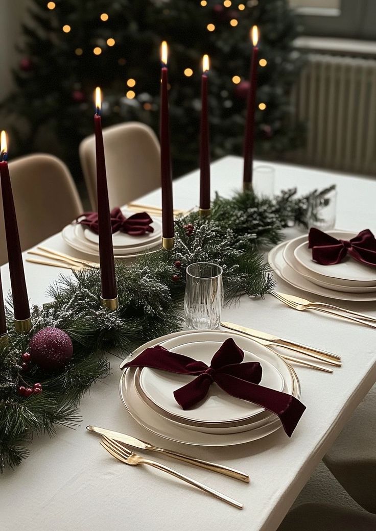 red and gold christmas table setting candles formal