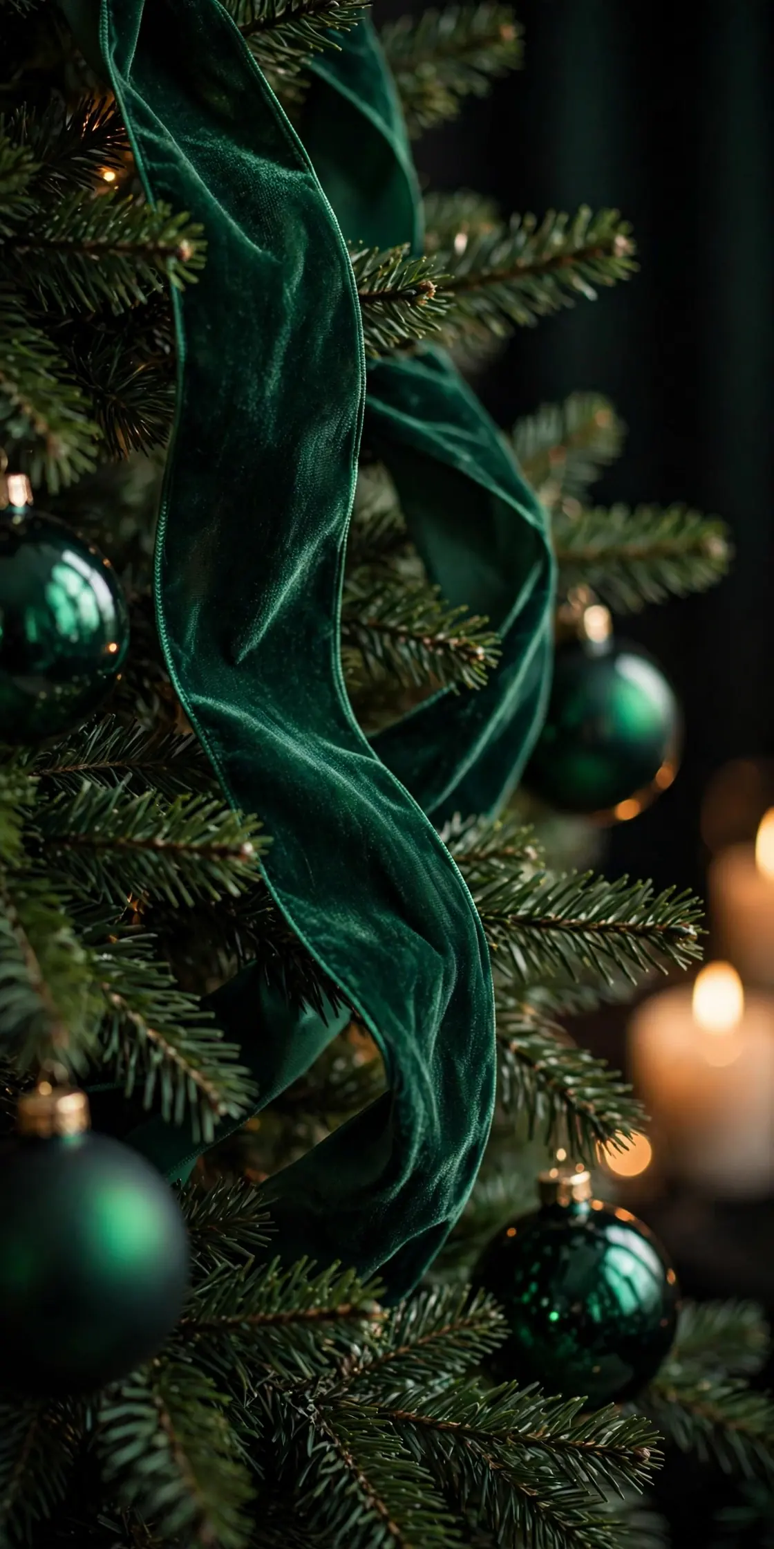 Emerald Green Christmas Ribbon on the Tree emerald green christmas ribbon velvet tree