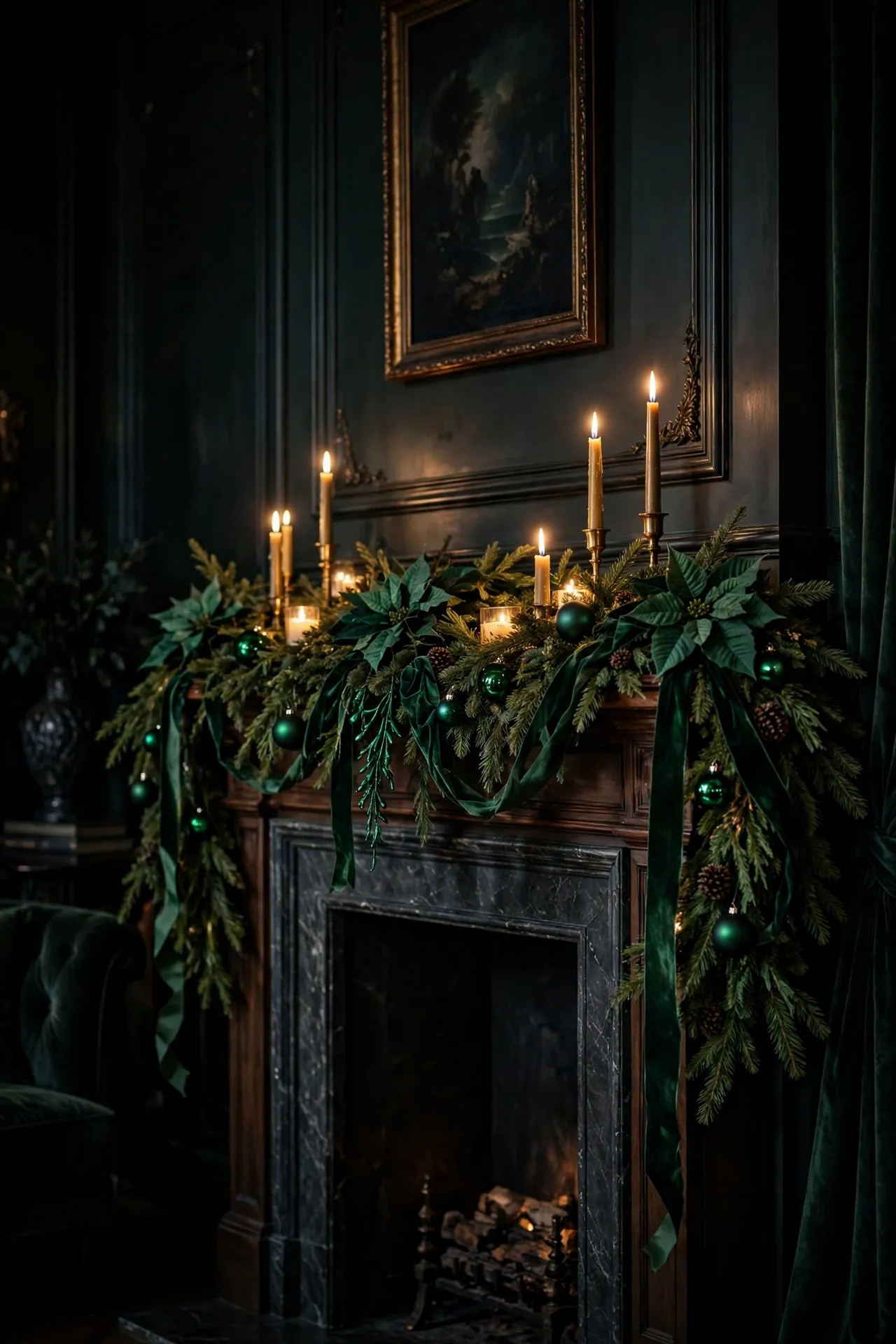Emerald Green Christmas Decorations on the Mantel emerald green christmas decorations mantel garland
