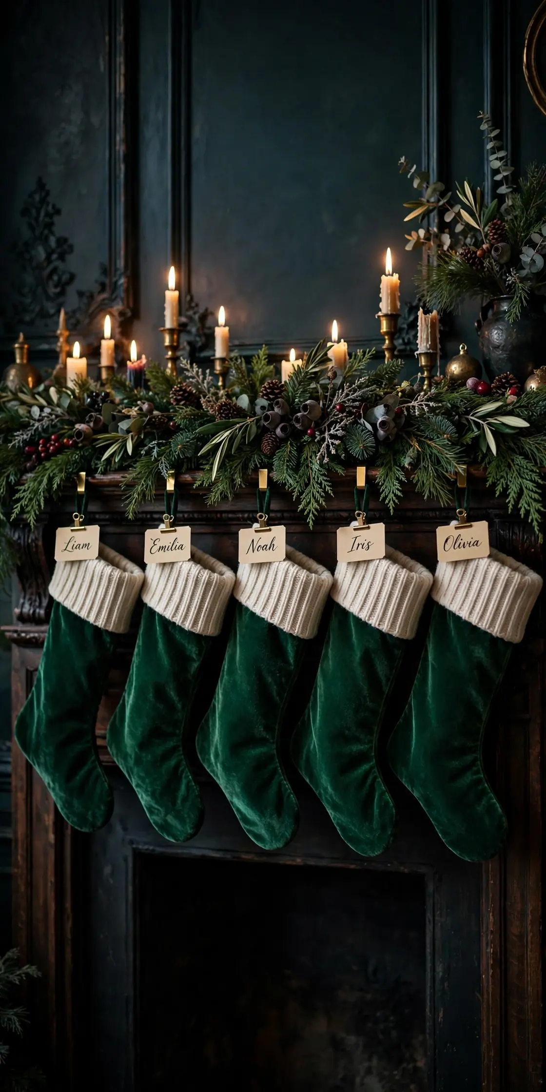 Emerald Green Velvet Stockings on the Mantel emerald green christmas decorations velvet stockings