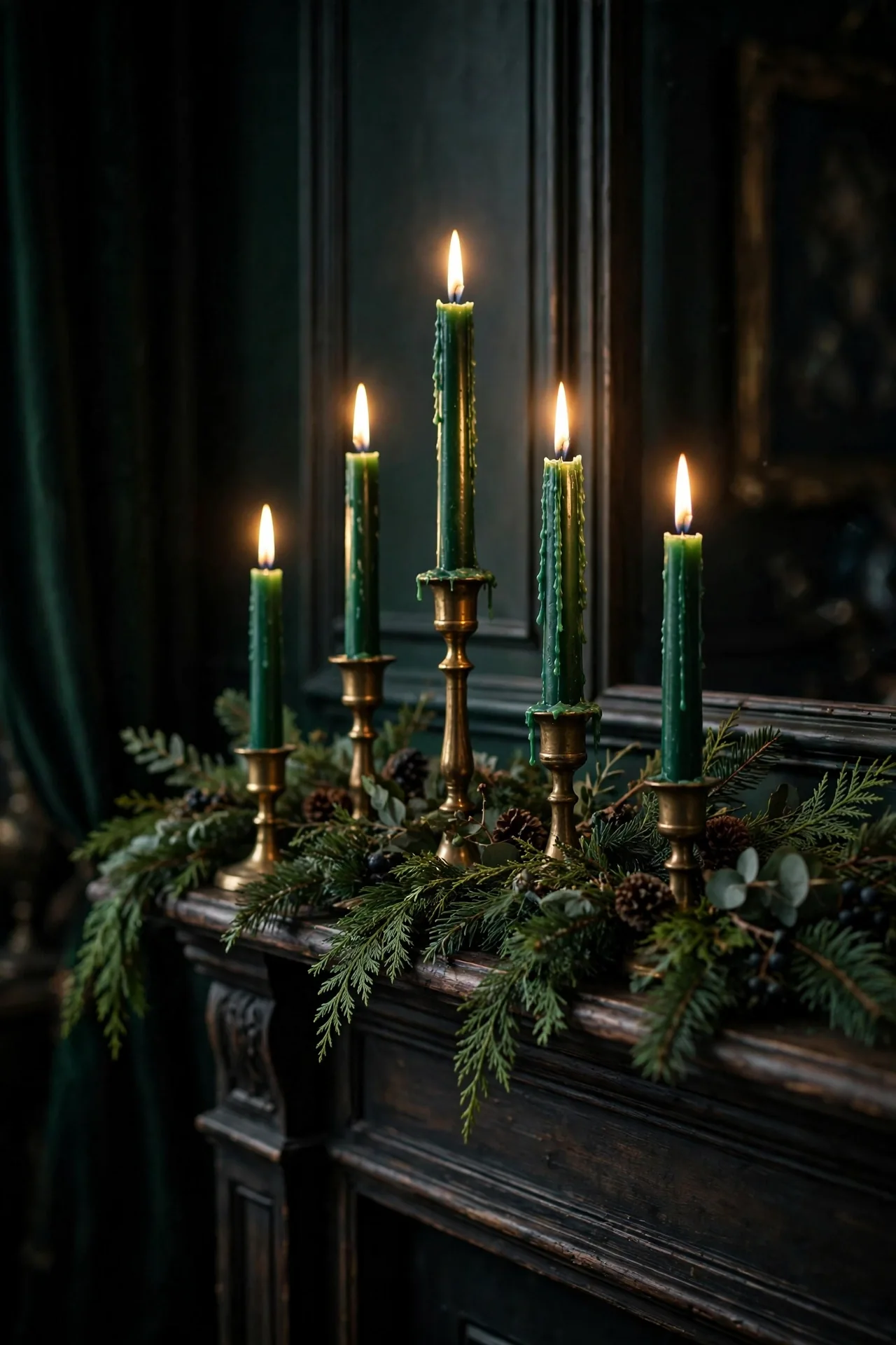 Emerald Green Ornaments With Brass Candles emerald green ornaments brass candles mantel