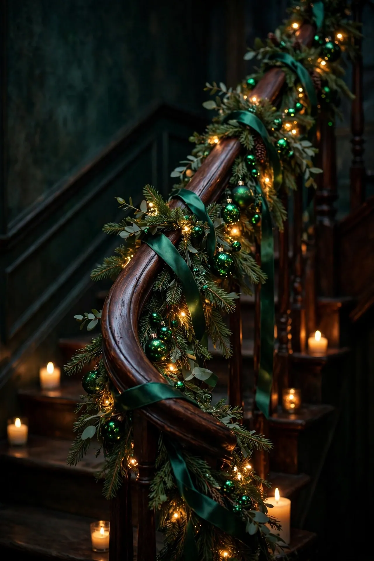 Emerald Christmas Decorations on the Staircase Garland emerald christmas decorations garland staircase