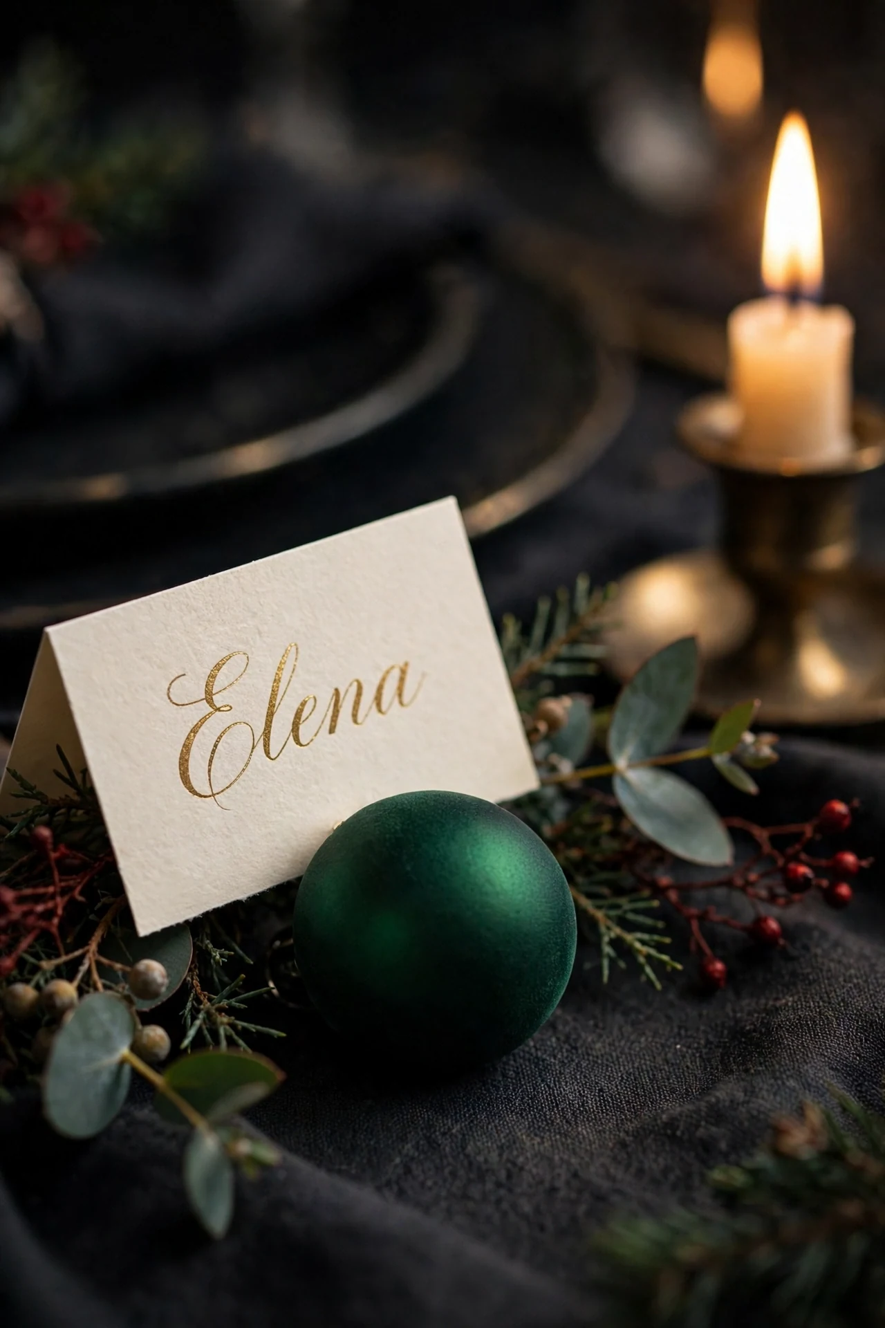 Emerald Christmas Ornaments as Place Cards emerald christmas ornaments place card holders
